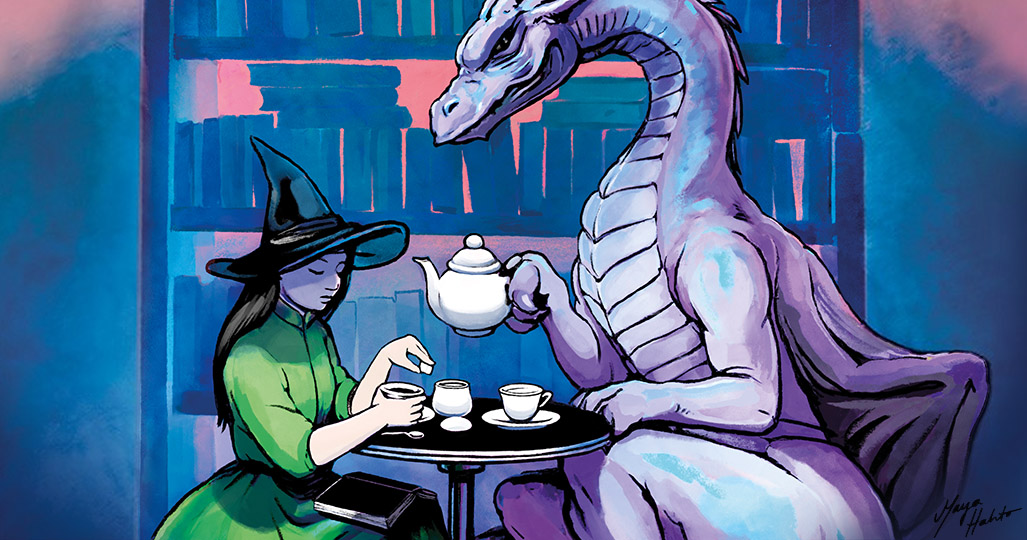 Hero image depicting a witch girl and a dragon sitting and having tea in a library